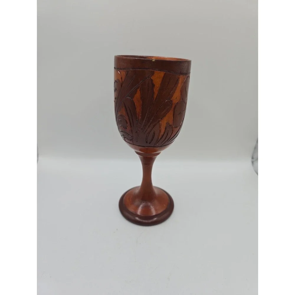 Decorative Hand Carved Design Unique Wooden Wood Wine Drink Cup Goblet 7 1/2